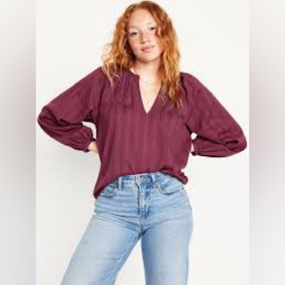 NWT Old Navy Woman's Textured Dobby Top‎ Size 2X Burgandy V-Neck Boho Blouse